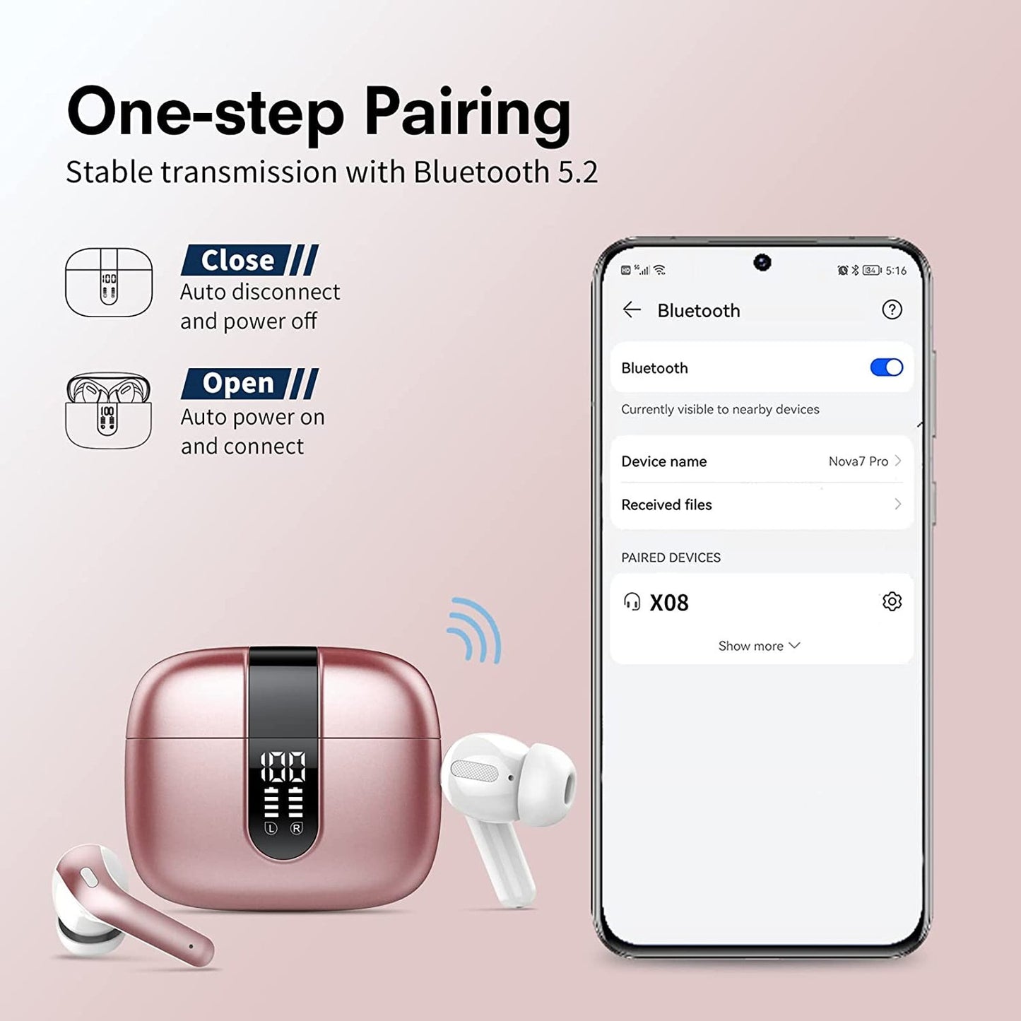 Casti Wireless Bluetooth 5.2 SuperSound IdealStore cu Afisaj LED Roz
