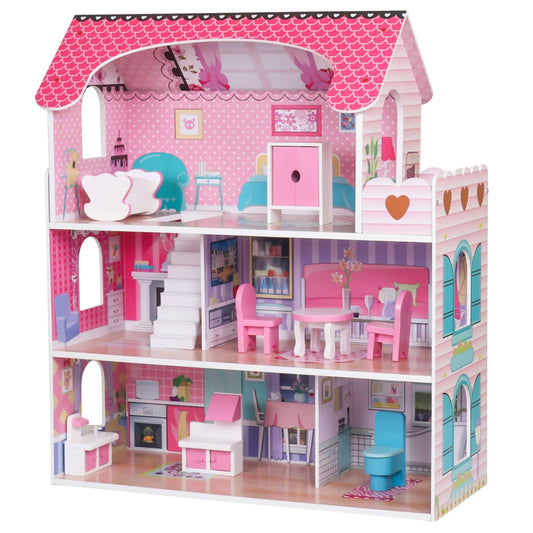 Casuta din lemn pentru papusi, Mappy, 3 etaje cu mobilier, inaltime 70 cm, multicolor
