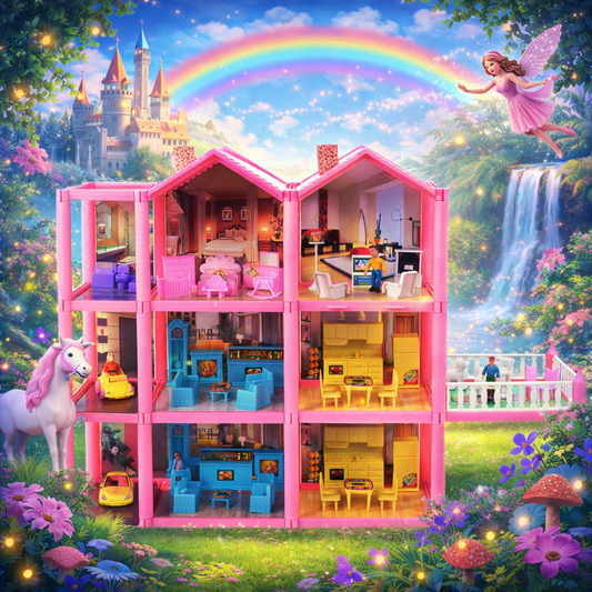 Casuta de papusi cu mobilier Pink Villa of Dreams, 6 camere, 136 accesorii, 69 cm