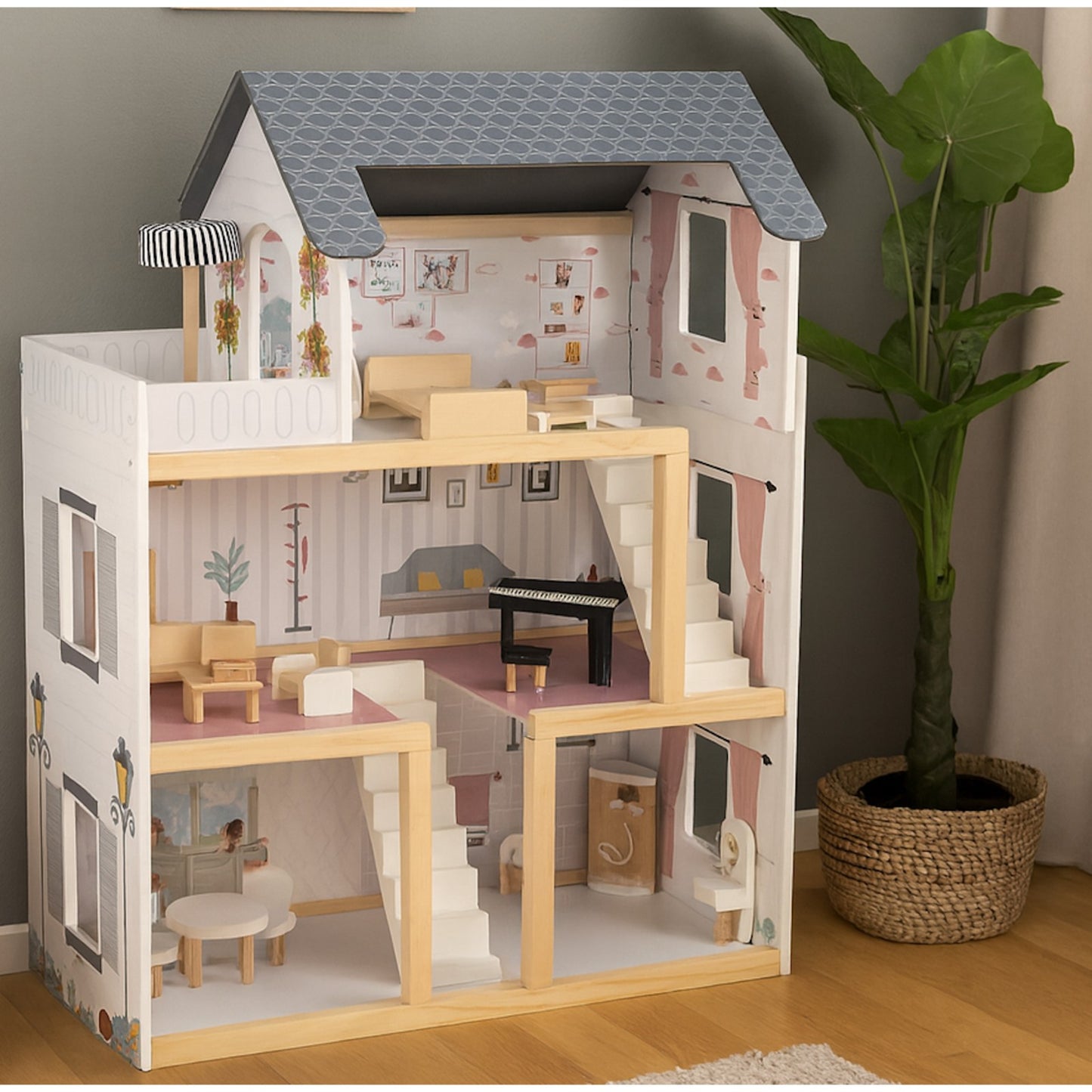 Casuta De Papusi Din Lemn Cu 3 Nivele Si 17 Accesorii idealSTORE