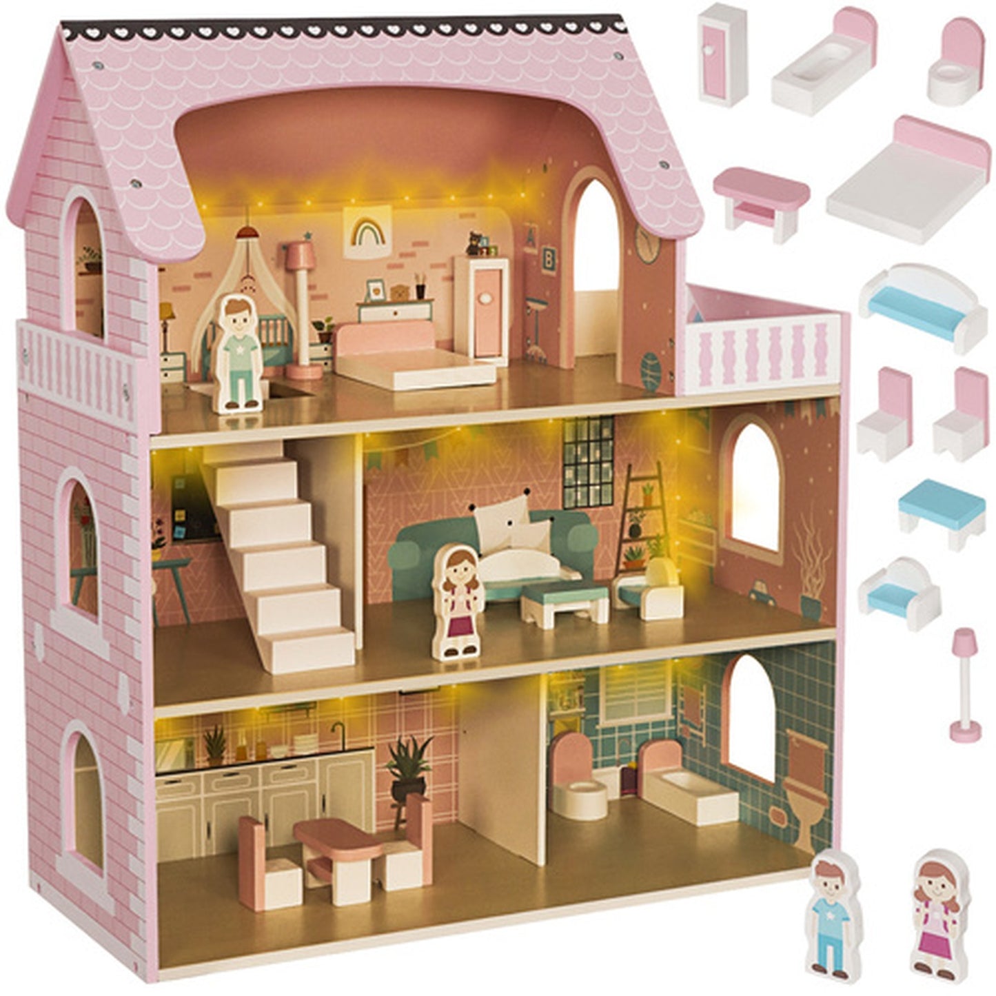 Casuta de papusi din lemn PinkHouse idealSTORE cu banda LED, 3 nivele, 5 camere, 70x62x27 cm