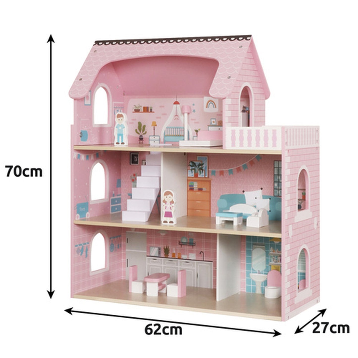 Casuta de papusi din lemn PinkHouse idealSTORE cu banda LED, 3 nivele, 5 camere, 70x62x27 cm