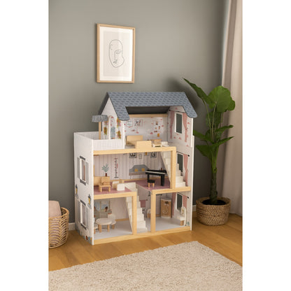 Casuta De Papusi Din Lemn Cu 3 Nivele Si 17 Accesorii idealSTORE