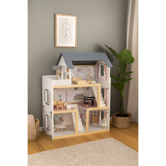 Casuta De Papusi Din Lemn Cu 3 Nivele Si 17 Accesorii idealSTORE