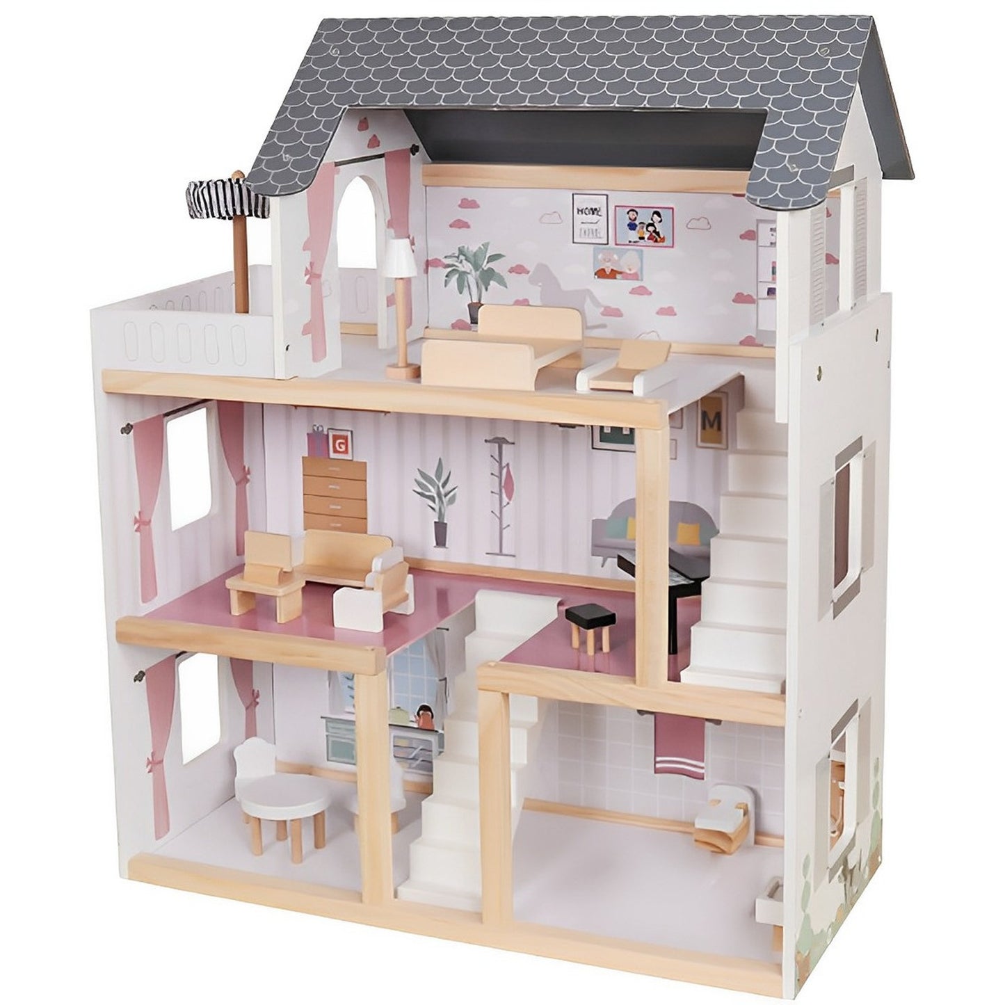 Casuta De Papusi Din Lemn Cu 3 Nivele Si 17 Accesorii idealSTORE