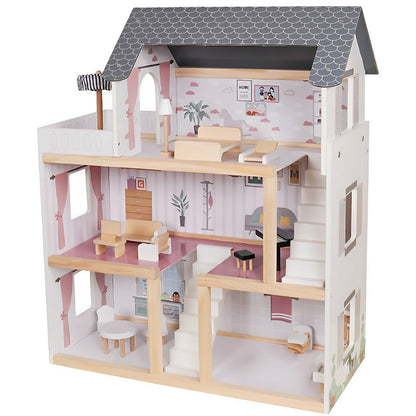 Casuta De Papusi Din Lemn Cu 3 Nivele Si 17 Accesorii idealSTORE