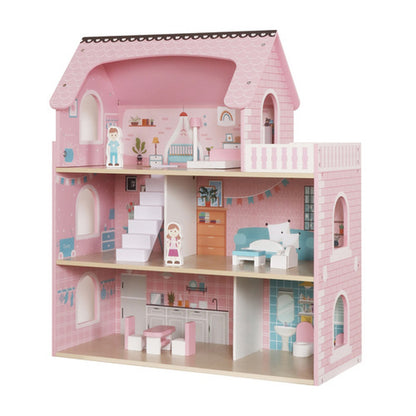 Casuta de papusi din lemn PinkHouse idealSTORE cu banda LED, 3 nivele, 5 camere, 70x62x27 cm