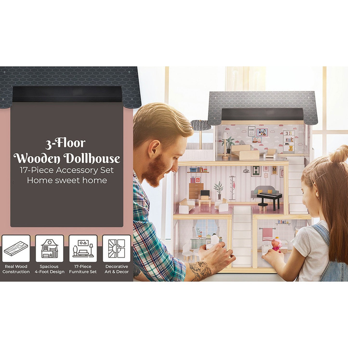 Casuta De Papusi Din Lemn Cu 3 Nivele Si 17 Accesorii idealSTORE