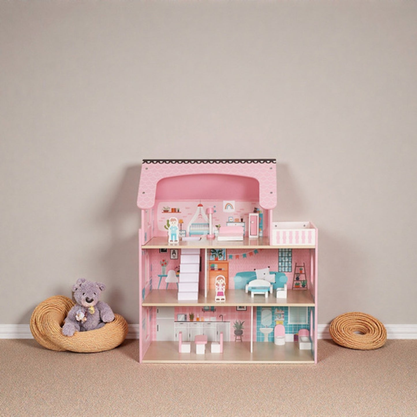 Casuta de papusi din lemn PinkHouse idealSTORE cu banda LED, 3 nivele, 5 camere, 70x62x27 cm
