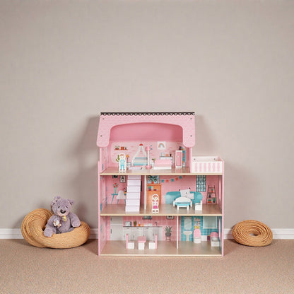 Casuta de papusi din lemn PinkHouse idealSTORE cu banda LED, 3 nivele, 5 camere, 70x62x27 cm