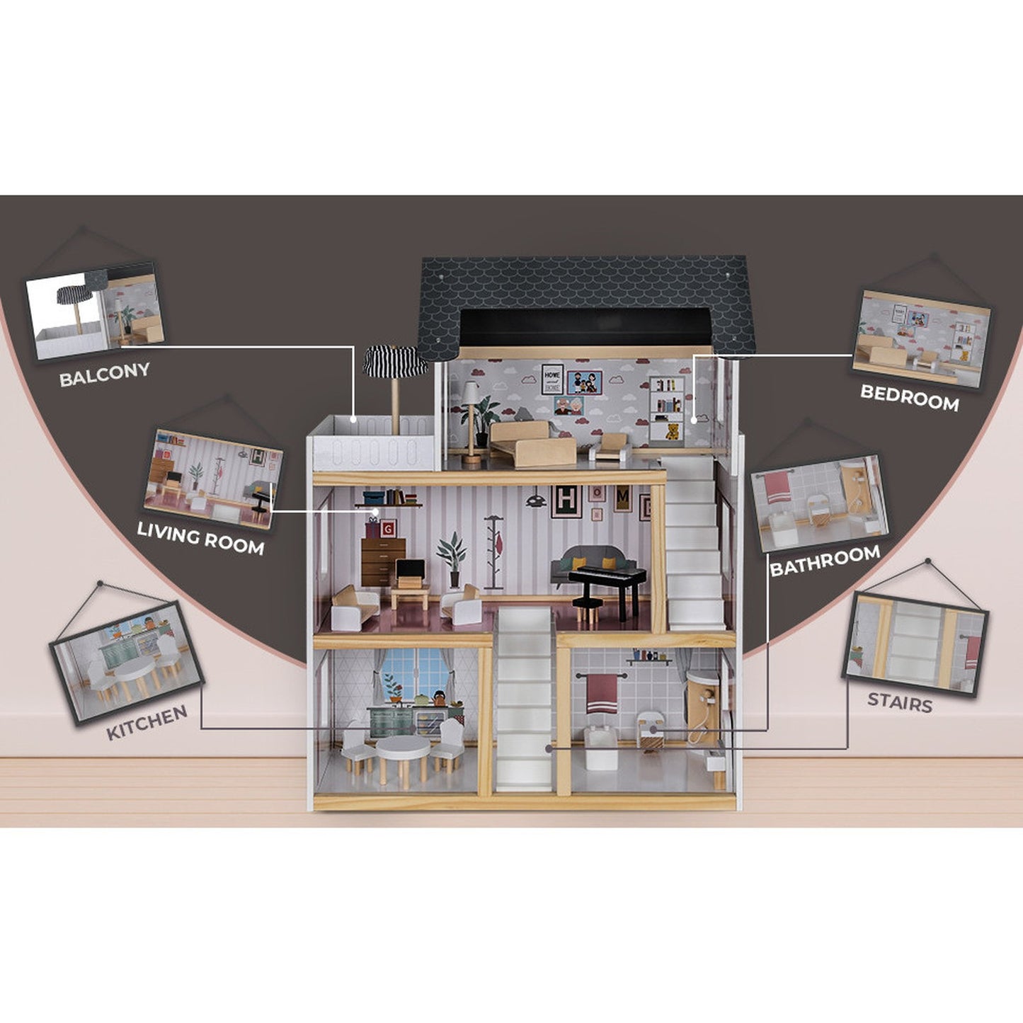 Casuta De Papusi Din Lemn Cu 3 Nivele Si 17 Accesorii idealSTORE