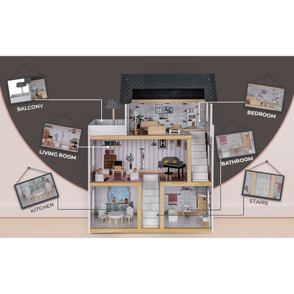 Casuta De Papusi Din Lemn Cu 3 Nivele Si 17 Accesorii idealSTORE