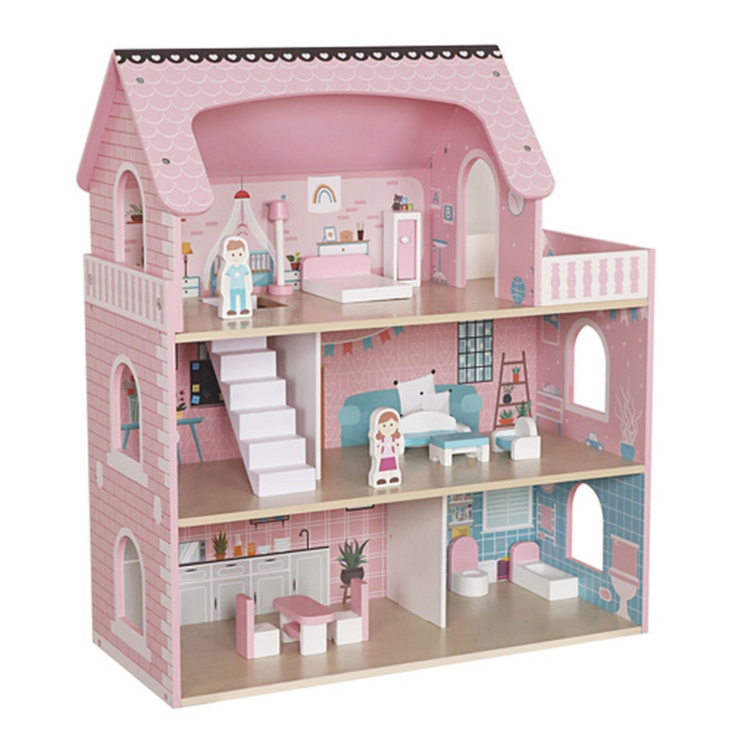 Casuta de papusi din lemn PinkHouse idealSTORE cu banda LED, 3 nivele, 5 camere, 70x62x27 cm