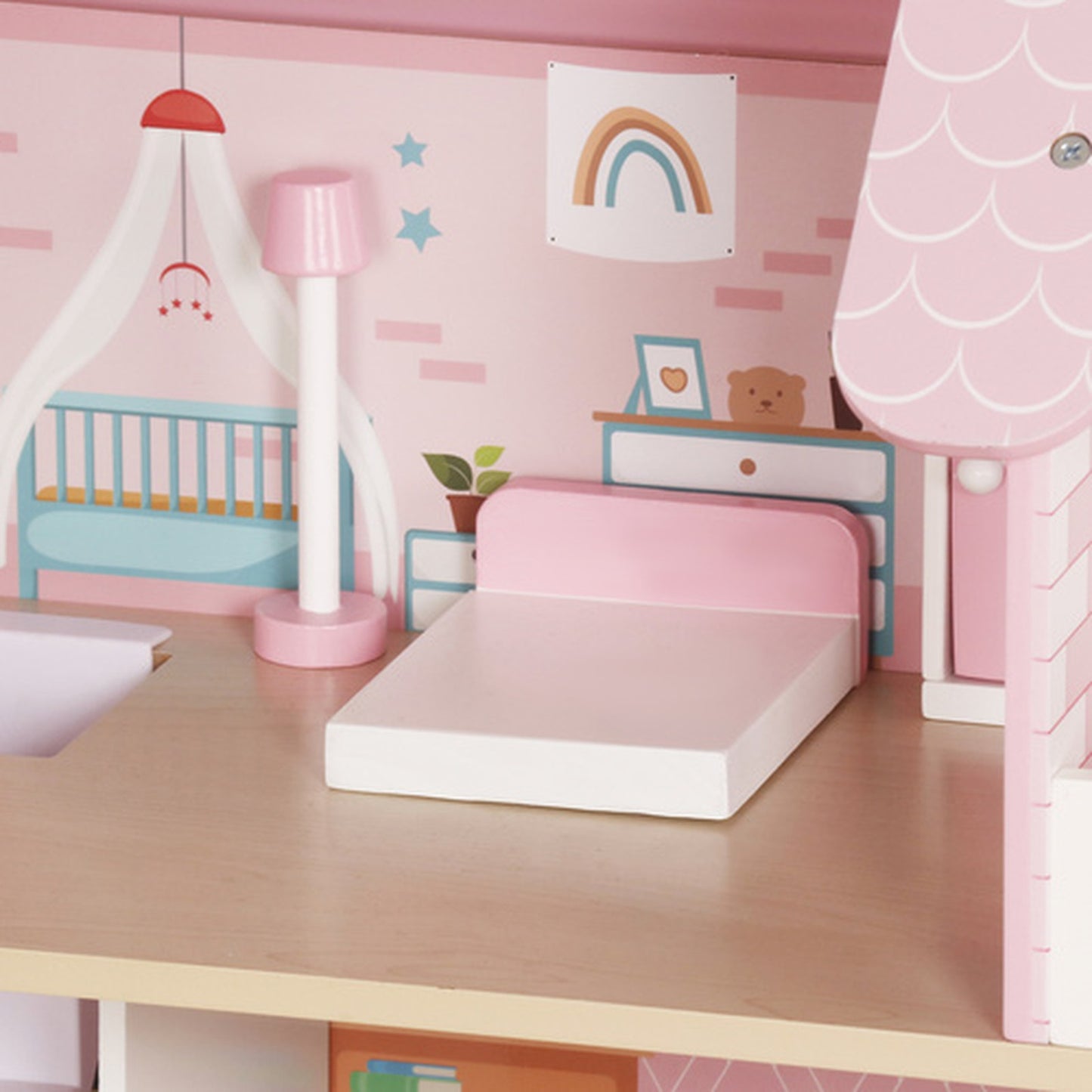 Casuta de papusi din lemn PinkHouse idealSTORE cu banda LED, 3 nivele, 5 camere, 70x62x27 cm