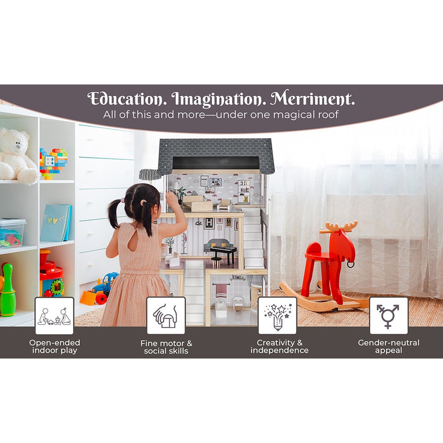 Casuta De Papusi Din Lemn Cu 3 Nivele Si 17 Accesorii idealSTORE