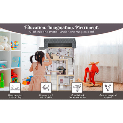 Casuta De Papusi Din Lemn Cu 3 Nivele Si 17 Accesorii idealSTORE