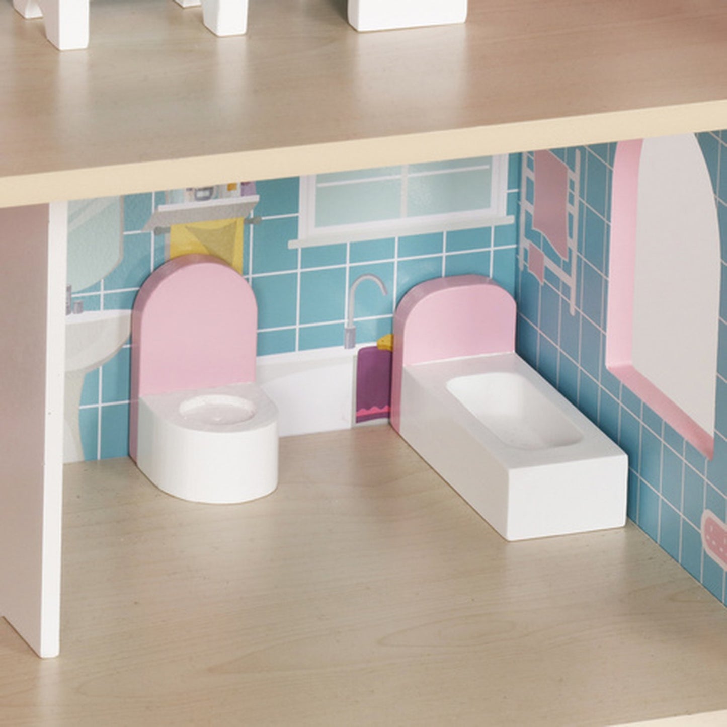 Casuta de papusi din lemn PinkHouse idealSTORE cu banda LED, 3 nivele, 5 camere, 70x62x27 cm