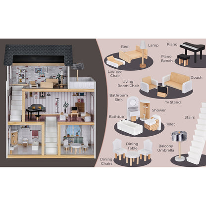 Casuta De Papusi Din Lemn Cu 3 Nivele Si 17 Accesorii idealSTORE