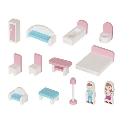 Casuta de papusi din lemn PinkHouse idealSTORE cu banda LED, 3 nivele, 5 camere, 70x62x27 cm