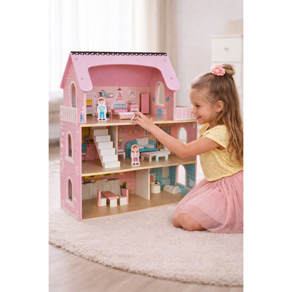 Casuta de papusi din lemn PinkHouse idealSTORE cu banda LED, 3 nivele, 5 camere, 70x62x27 cm