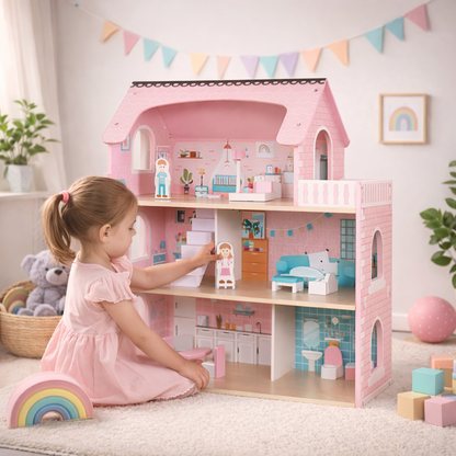 Casuta de papusi din lemn PinkHouse idealSTORE cu banda LED, 3 nivele, 5 camere, 70x62x27 cm