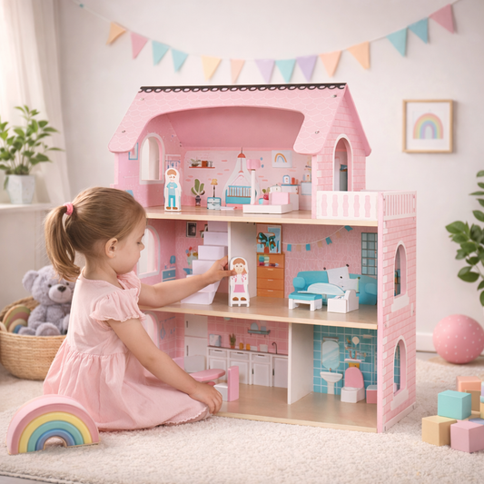 Casuta de papusi din lemn PinkHouse idealSTORE cu banda LED, 3 nivele, 5 camere, 70x62x27 cm