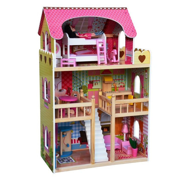 Casuta pentru papusi Lena, 3 etaje din lemn cu accesorii, 9+, Multicolor