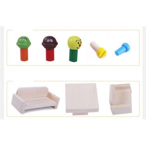 Casuta din lemn pentru papusi + 4 figurine + mobilier