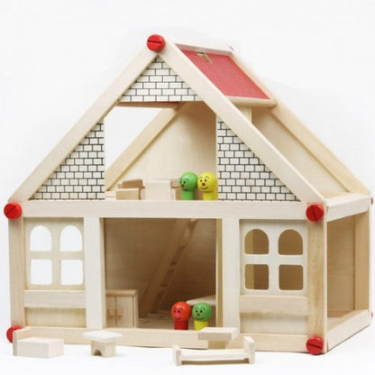 Casuta din lemn pentru papusi + 4 figurine + mobilier