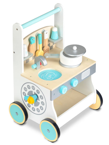 Impingator din Lemn cu Rol de Bucatarie idealSTORE Blue Residence Kitchen, Dimensiuni 48.5 x 32 x 28.5 cm, Dotat cu accesorii specifice tacamuri si ustensile pentru gatit, chiuveta