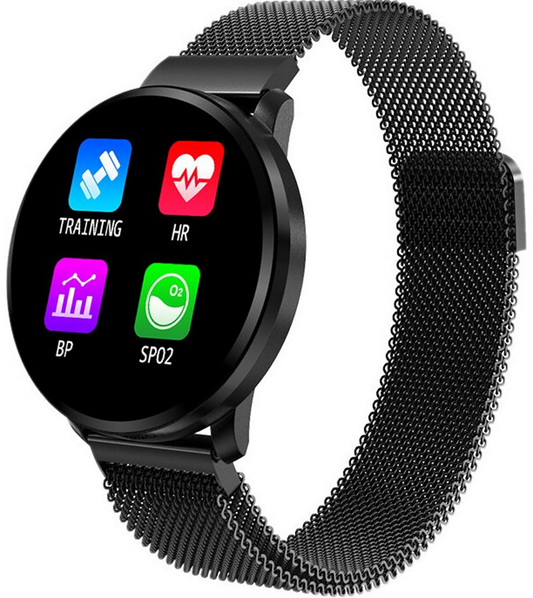 Ceas SmartWatch si Bratara Fitness Full Screen 68, Bratara Metalica Magnetica, Monitorizare ritm cardiac, Monitorizare Somn si Tensiune arteriala, Notificari Apeluri/Fb/Sms, Rezistent la Apa Ip67, Ecran 1.23 Full Touch, Negru