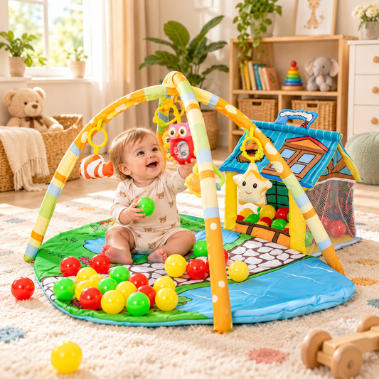 Covoras educativ pentru copii idealSTORE Dimensiuni 95 x 45 x 92 cm, Include covor moale, casuta, jucarii, 30 de bile colorate, Ajuta la dezvoltatea abilitatilor manuale