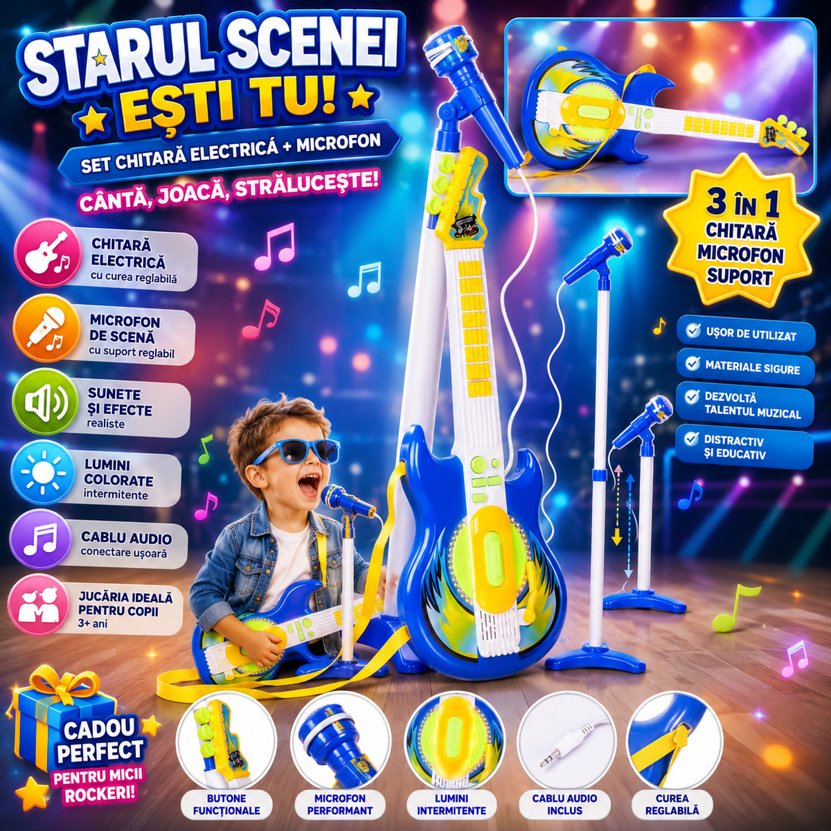 Chitara Rock Loves Music cu Microfon si Suport idealSTORE pentru Copii, Posibilitatea de a Conecta un Player MP3 sau un Telefon, Melodii Fericite, Curea de Umar Confortabila, Dezvolte Abilitatile de Ritm intr-un Mod Distractiv si Interactiv