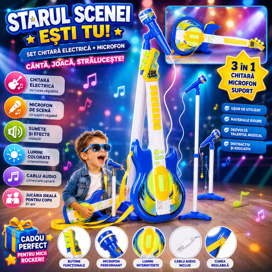 Chitara Rock Loves Music cu Microfon si Suport idealSTORE pentru Copii, Posibilitatea de a Conecta un Player MP3 sau un Telefon, Melodii Fericite, Curea de Umar Confortabila, Dezvolte Abilitatile de Ritm intr-un Mod Distractiv si Interactiv