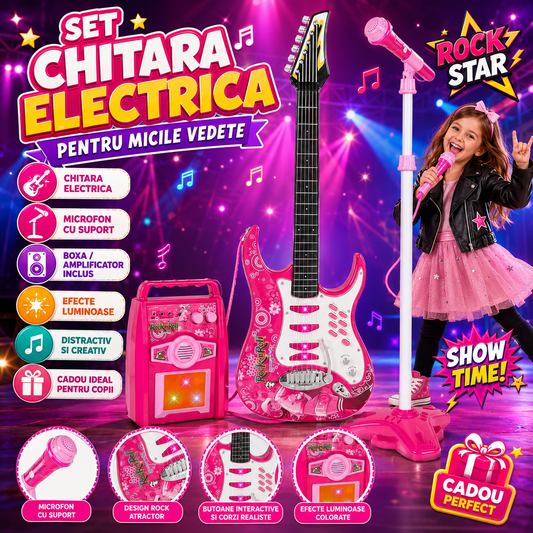 Chitara electrica cu amplificator si microfon IdealStore Rock Party,Roz