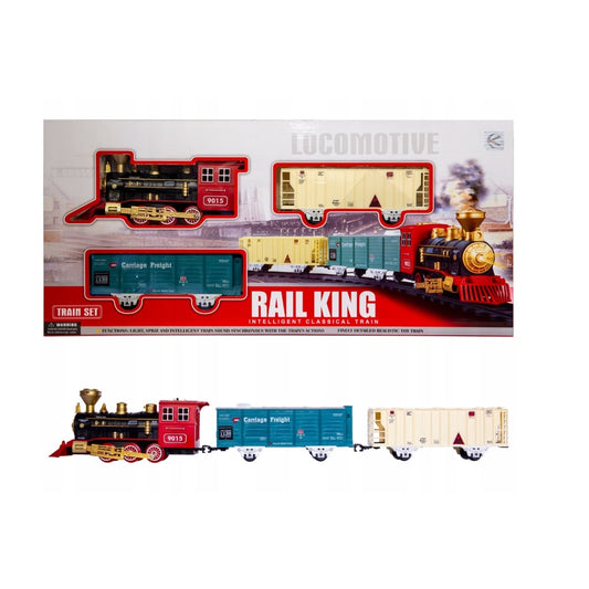 Circuit Elctric Trenulet cu Fum Realist Carriage Freight, Accesorizat cu Sunete si Lumini, Include o Locomotiva, 2 Vagoane cu Marfa, Stimuleaza Imaginatia si Creativitatea, Ofera ore lungi de distractie fascinanta