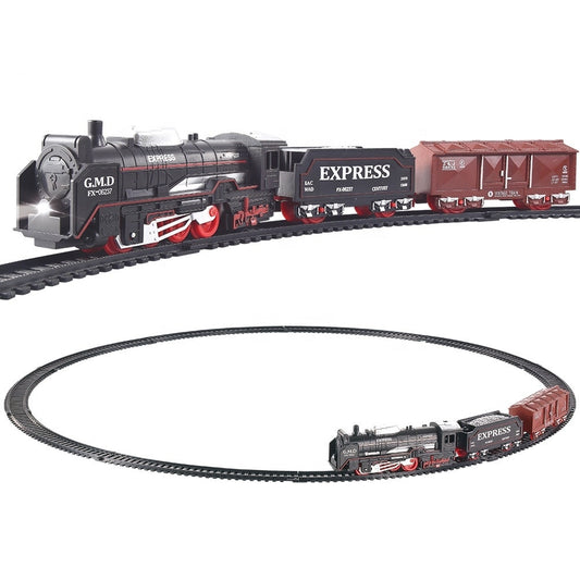 Circuit Electric Tren Vintage Train idealSTORE, Include o Locomotiva Echipata cu Lumini ce lumineaza Directia de mers, 2 Vagoane de Marfa, Ofera ore intregi de distractie