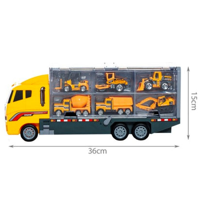 Set camion trailer de jucarie pentru transport CLASStitide, utilaje de constructie, masinute tip excavator, tir, elicopter, 36 x 15 x 9.5 cm, Galben
