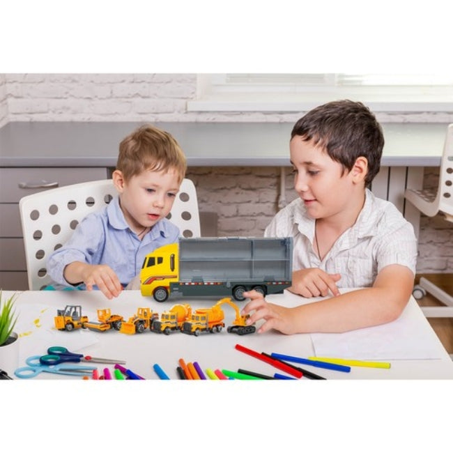 Set camion trailer de jucarie pentru transport CLASStitide, utilaje de constructie, masinute tip excavator, tir, elicopter, 36 x 15 x 9.5 cm, Galben