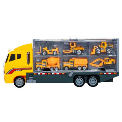 Set camion trailer de jucarie pentru transport CLASStitide, utilaje de constructie, masinute tip excavator, tir, elicopter, 36 x 15 x 9.5 cm, Galben