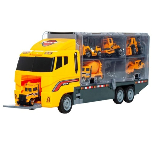 Set camion trailer de jucarie pentru transport CLASStitide, utilaje de constructie, masinute tip excavator, tir, elicopter, 36 x 15 x 9.5 cm, Galben