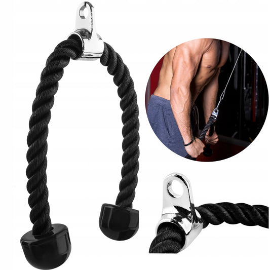 Coarda pentru Triceps si Biceps idealSTORE, Manere Antialunecare, Varf Metalic, Sustine 200 Kg, Maner Rotativ din Metal, Opritoare din Cauciuc, Fibre din Nailon Puternic