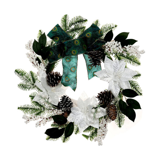 Coronita pentru Craciun idealStore din Brad Artificial, Diametru 50 CM, Decorata cu Conuri de Brad, Vasc si Flori Albe, Combinatie Vibranta de Culori, Simpla si Eleganta, Culoare Verde cu Alb