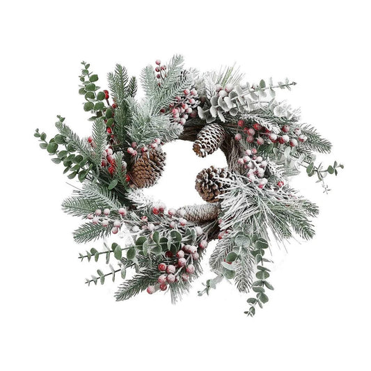 Coronita pentru Craciun idealStore din Brad Artificial, Diametru 50 CM, Decorata cu Crengute de Brad Ninse, Fructe Rosii si Conuri de Brad, Simpla si Eleganta, Culoare Verde cu Alb