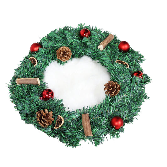 Coronita pentru Craciun idealStore din Brad Artificial, Diametru 40CM, Decorata cu Globulete Rosii, Conuri de Brad, Elemente din Lemn si Fructe Uscate, Culoare Verde