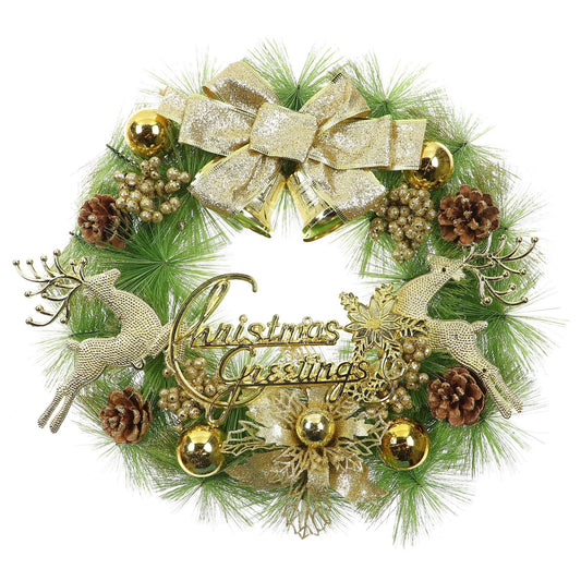 Coronita pentru Craciun idealStore din Brad Artificial, Diametru 40CM, Decorata cu Globulete, Reni, Fundite si Conuri de Brad, Culoare Verde Auriu