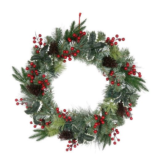 Coronita pentru Craciun idealStore, Diametru 60 CM, Decorata cu Crengute, Fructe de Merisor si Conuri de Brad, Combinatie de Culori Rosu cu Verde, Design Simplu si Elegant