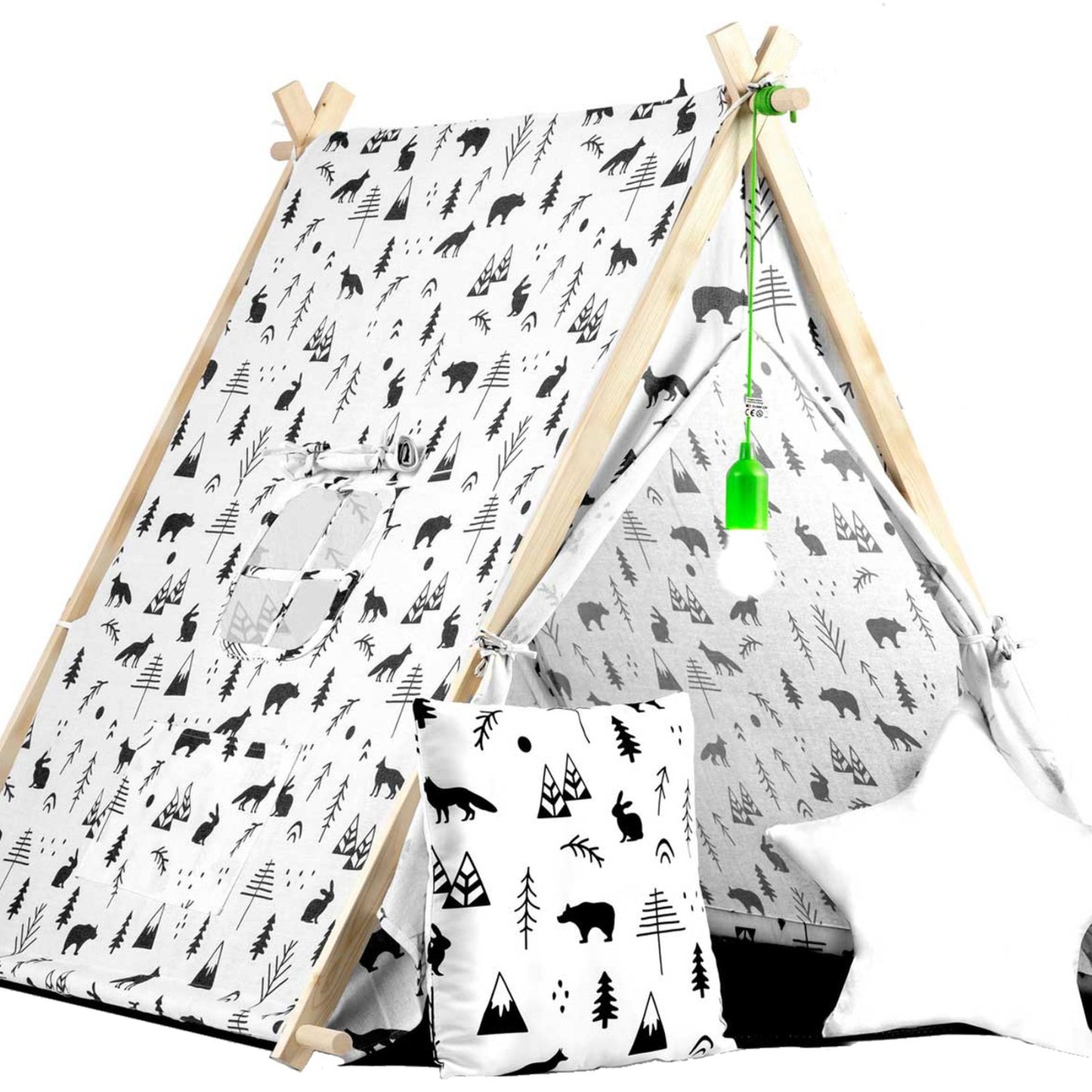 Cort de Joaca cu Lumini idealStore TIPI,cu Perne, Covoras Izolator, Structura Stabila,Desen Animalute