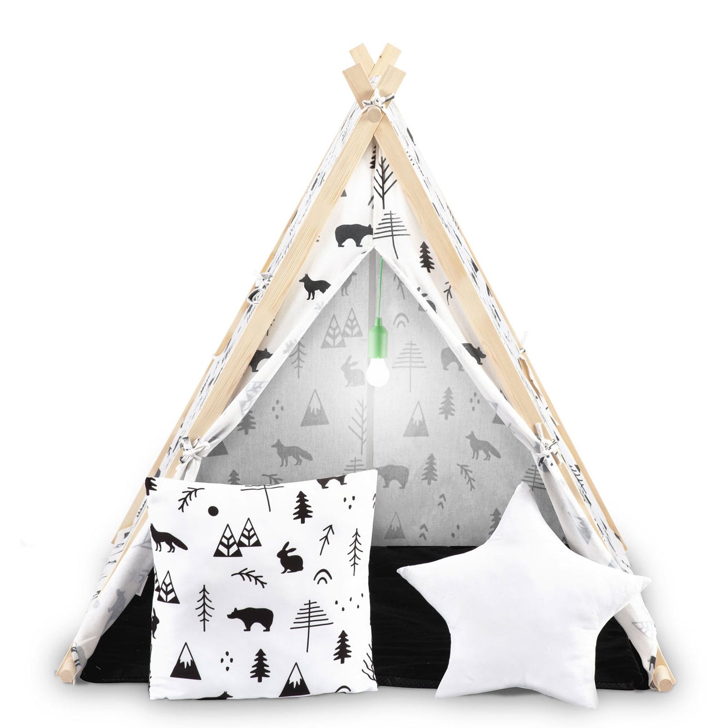 Cort de Joaca cu Lumini idealStore TIPI,cu Perne, Covoras Izolator, Structura Stabila,Desen Animalute