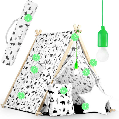 Cort de Joaca cu Lumini idealStore TIPI,cu Perne, Covoras Izolator, Structura Stabila,Desen Animalute